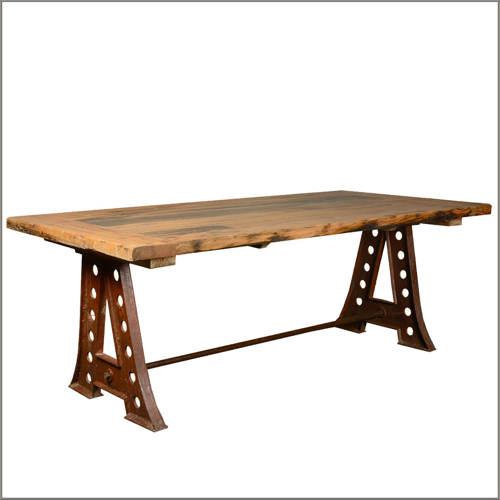 84" Industrial Reclaimed Teak Wood Iron Trestle Pedestal Dining Table