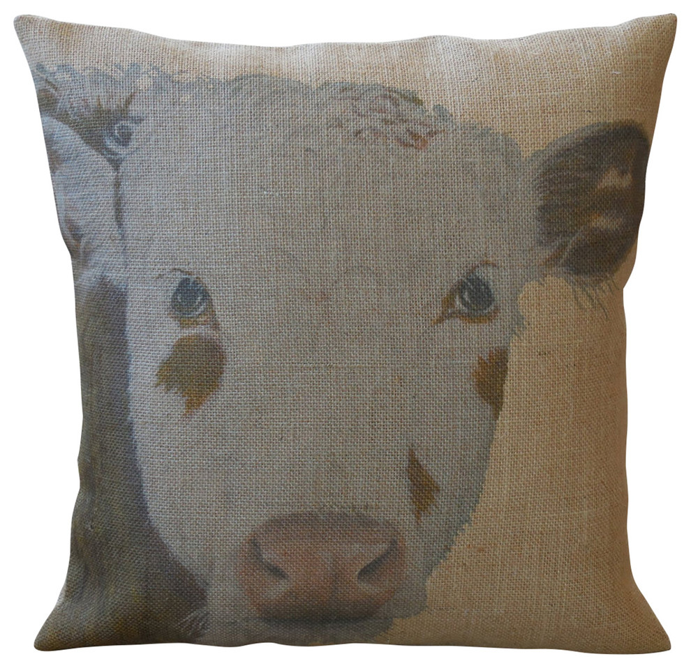 Rustic Cow Burlap Pillow, 16"x16"