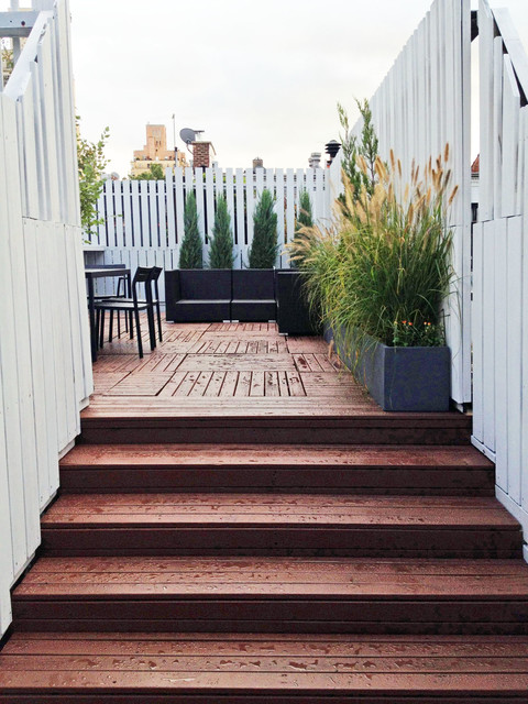 Manhattan Roof Garden: Terrace Deck, Fence, Container Plants, Stairs