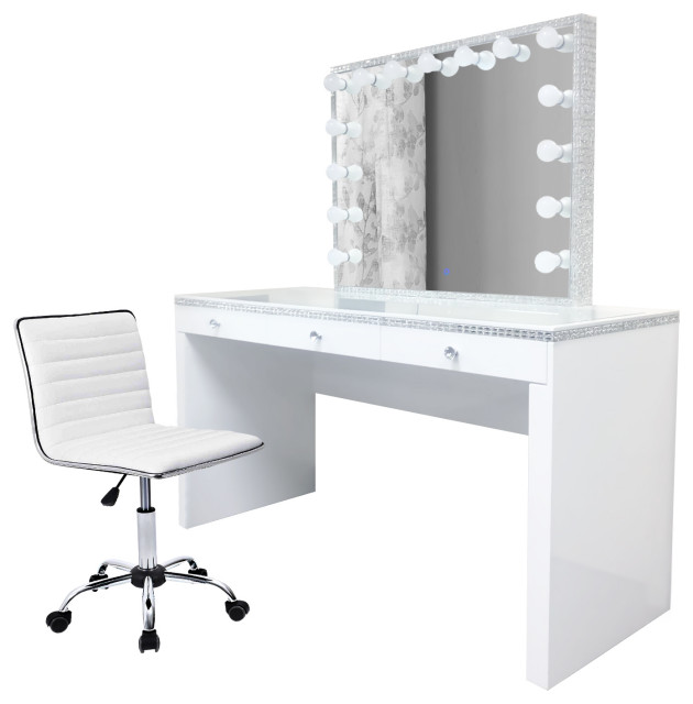 Glamms Glam Crystal Makeup Vanity Set Includes Dimmable Hollywood Mirror Chair Table With Three Drawers Glossy White, Vanity For Bedroom With Lights