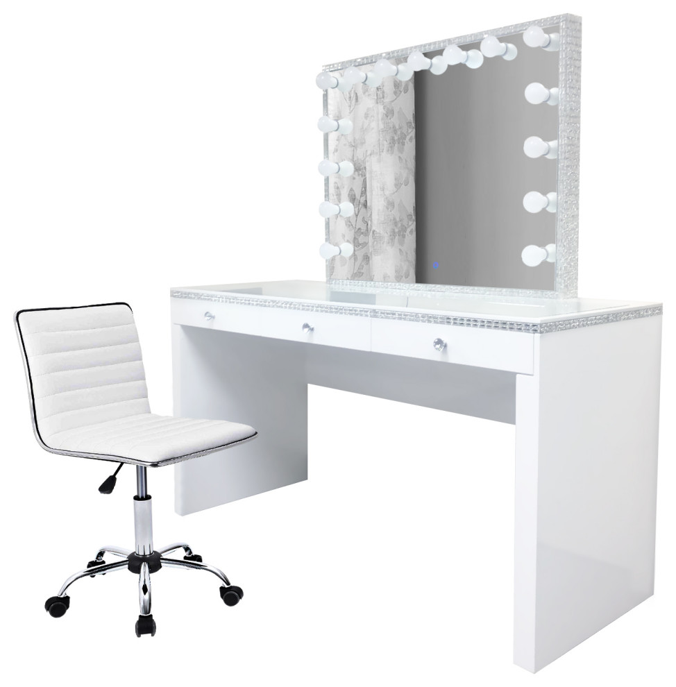 Glam Crystal Vanity Set With Led Mirror, Vanity Desk With Mirror And Seat