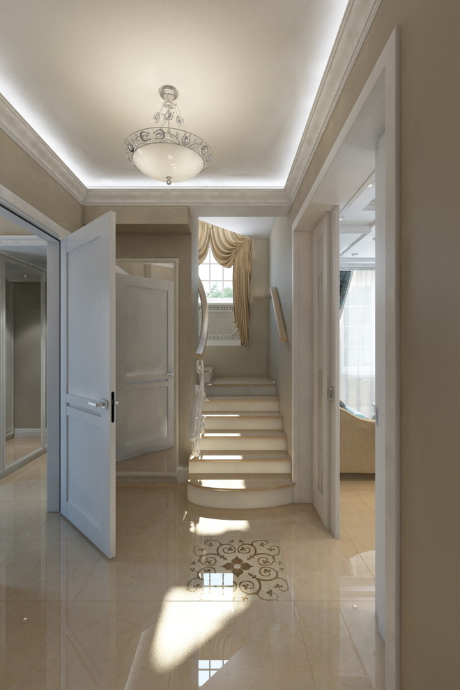 Inspiration for a mid-sized transitional vestibule in Moscow with beige walls, porcelain floors, a single front door, a brown front door and beige floor.