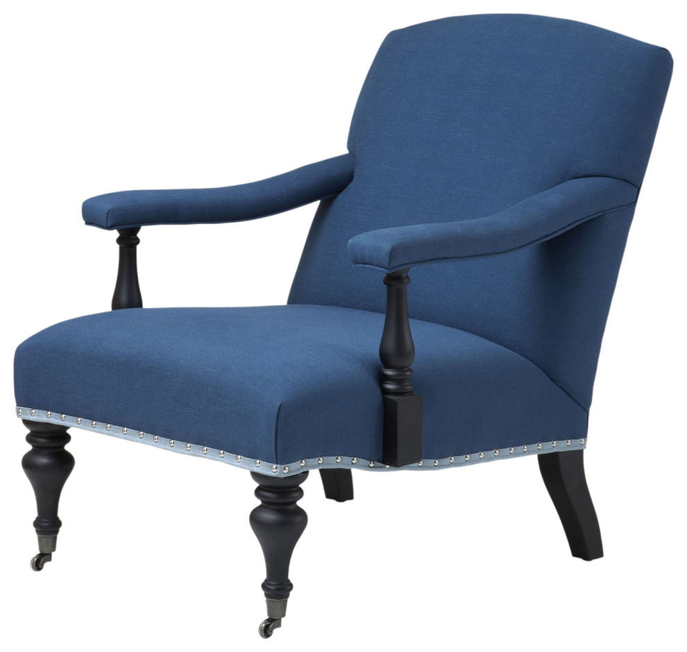 Eichholtz Trident Modern Classic Blue Upholstered Black Finished Arm Chair