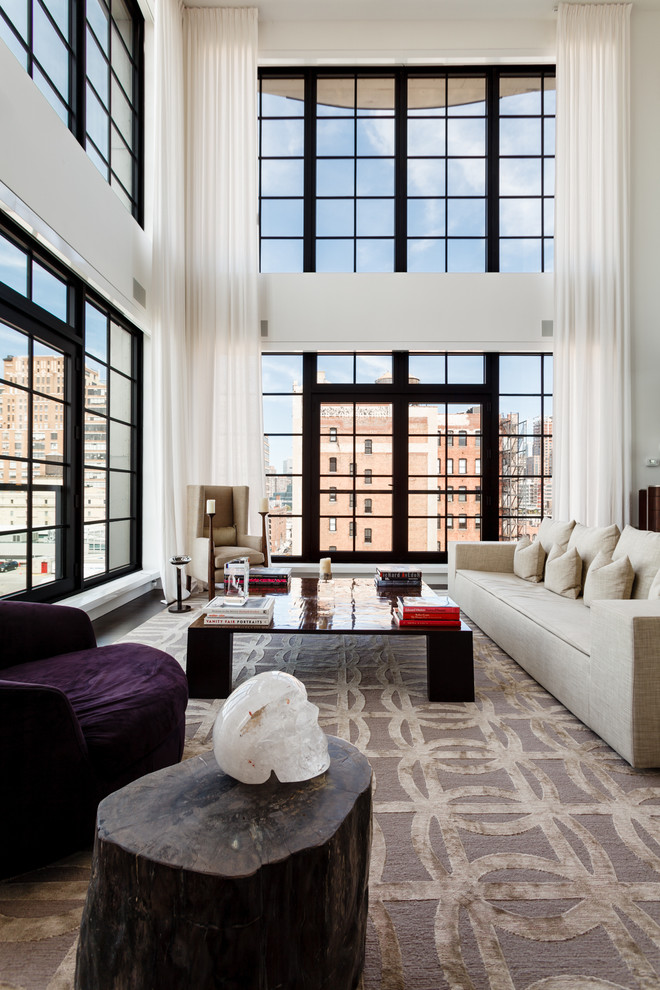 Design ideas for a contemporary open concept living room in New York with white walls.