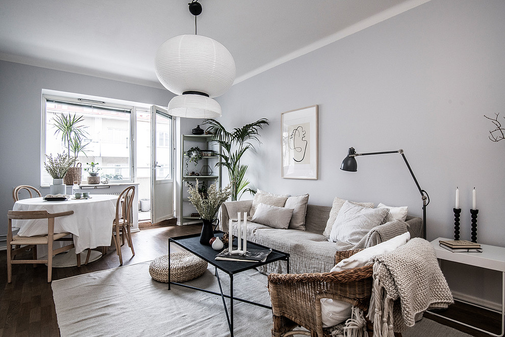 Photo of a scandinavian living room in Stockholm with grey walls, dark hardwood floors and brown floor.