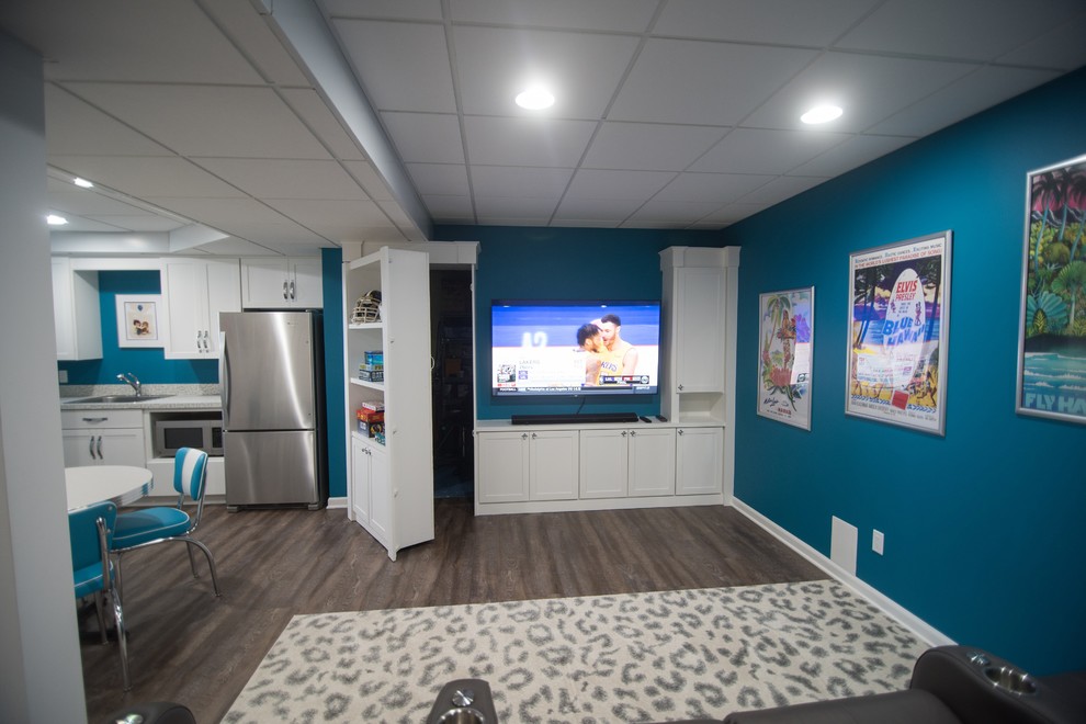 Design ideas for a mid-sized contemporary basement in Detroit with blue walls, vinyl floors and brown floor.
