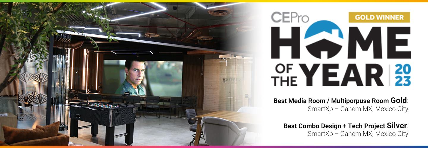 Home theater photo in Houston with a media wall