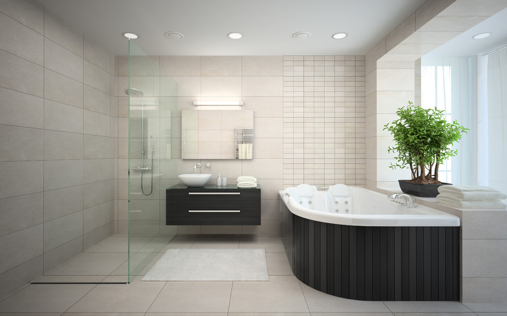 Inspiration for a large contemporary master bathroom in Vancouver with flat-panel cabinets, black cabinets, a hot tub, a corner shower, black tile, cement tile, beige walls, cement tiles, a vessel sink, engineered quartz benchtops, beige floor, an open shower and black benchtops.
