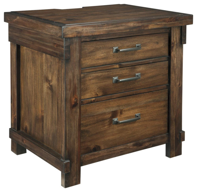 Rustic Industrial Nightstand, 3 Storage Drawers and Charging Station