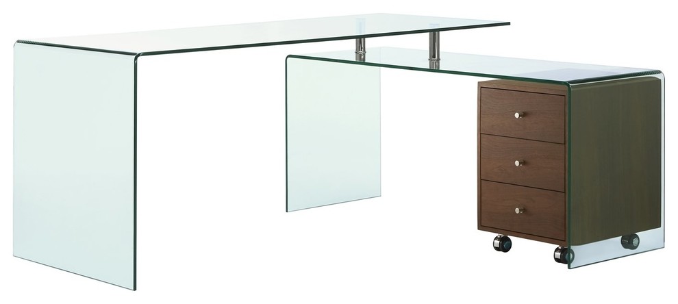 Ultra Chic Glass L Shaped Desk Included Walnut Cabinet