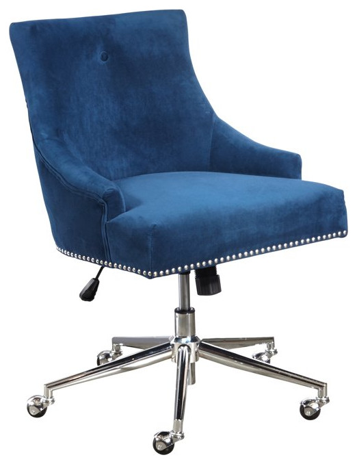 Contemporary Office Chair, Blue Velvet Seat With Sloped Arms & Nailhead ...