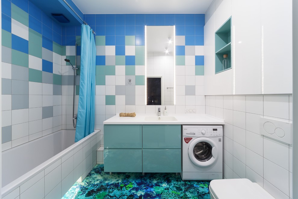 Design ideas for a contemporary master bathroom in Yekaterinburg with turquoise cabinets, white tile, multi-coloured tile, flat-panel cabinets, an alcove tub, a shower/bathtub combo, a two-piece toilet, an integrated sink, blue floor and a shower curtain.