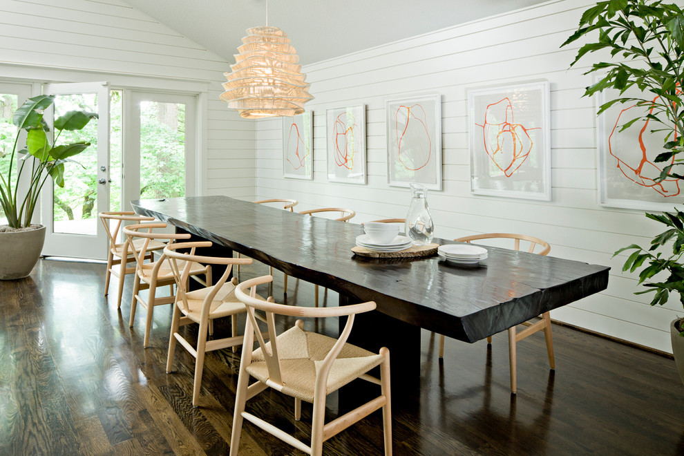 Inspiration for a contemporary dining room in Portland with white walls and dark hardwood floors.