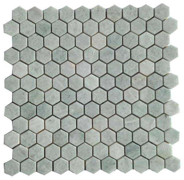 12"x12" Ming Green Hexagon Polished Onyx Mosaic, Set of 50