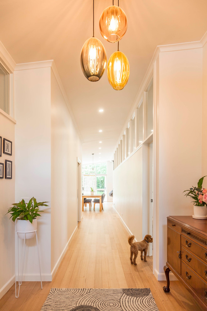 Design ideas for a mid-sized midcentury hallway in Melbourne with white walls and medium hardwood floors.