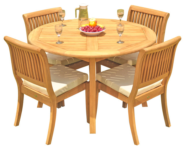 5 Piece Outdoor Teak Dining Set 48, Round Wood Outdoor Dining Table Set