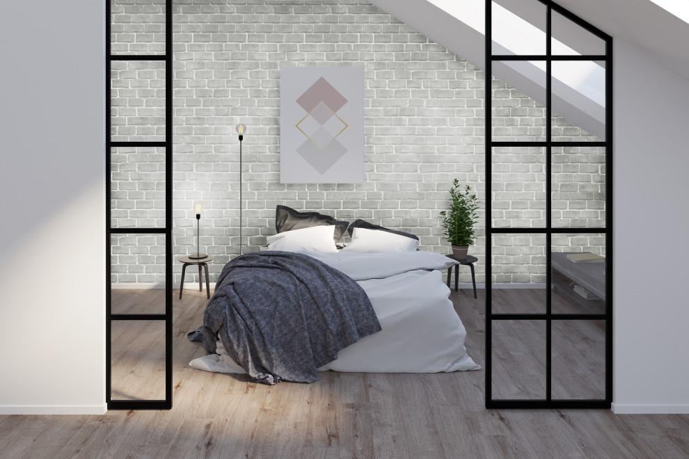 На фото: спальня в стиле шебби-шик с кирпичным полом и кирпичными стенами с