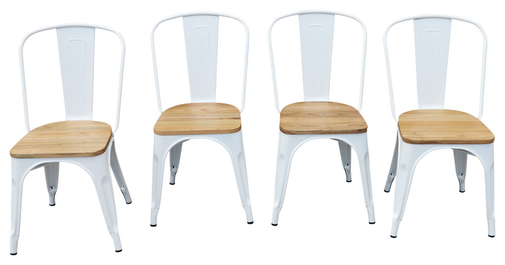 Industrial Metal Stackable Kitchen Dining Chair, White with Wood Seat, Set of 4
