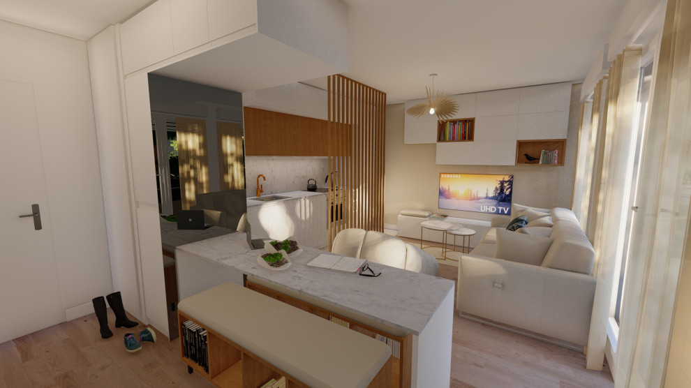 Aménagement d'une petite salle de séjour moderne ouverte avec un mur beige, sol en stratifié, un téléviseur fixé au mur, un sol marron et éclairage.