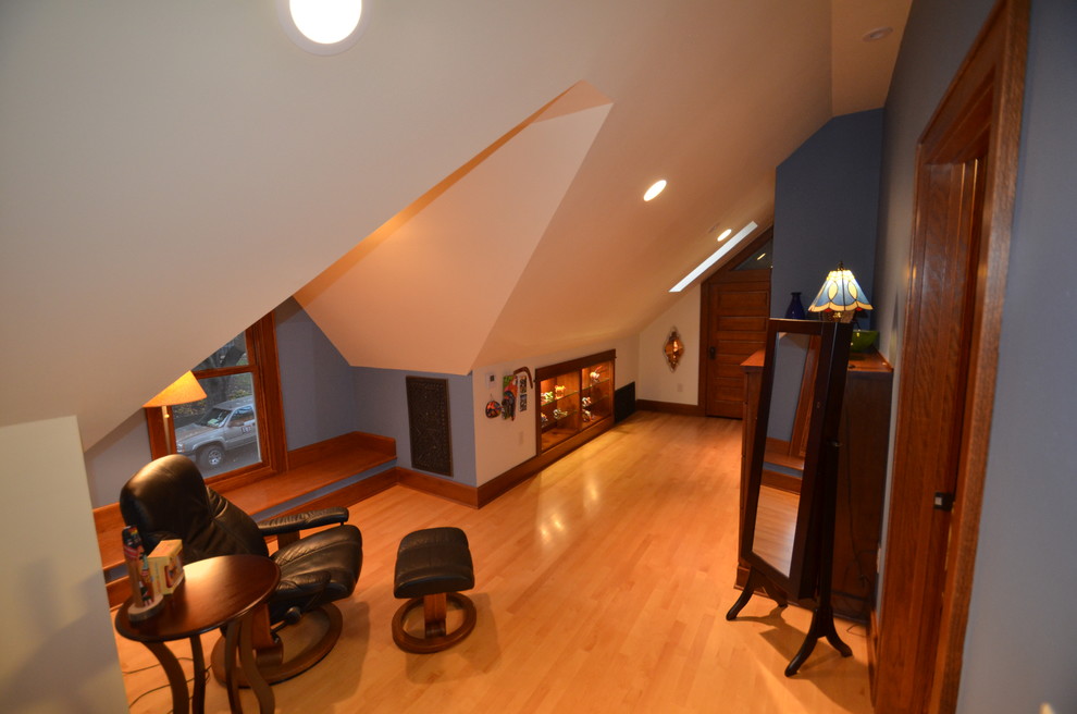 Bedroom - large transitional master light wood floor bedroom idea with blue walls
