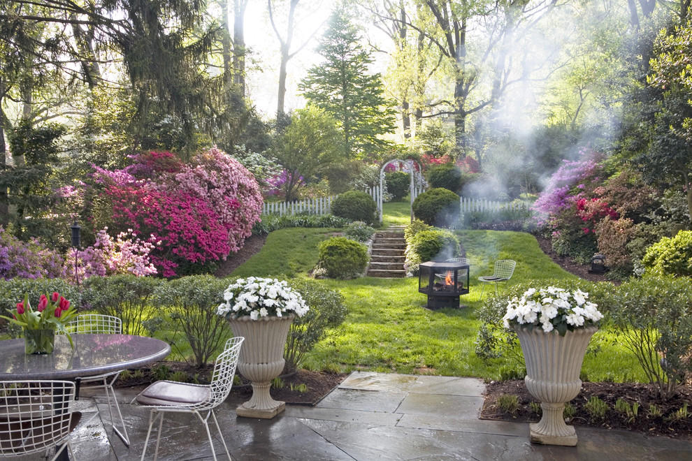 This is an example of a traditional garden in DC Metro with a fire feature.