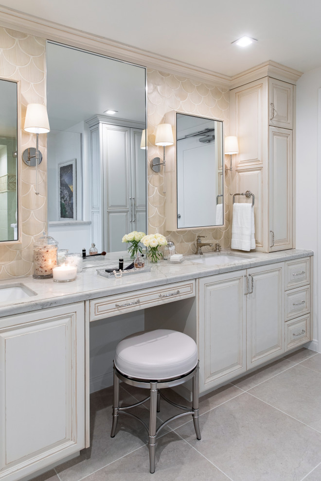 Inspiration for a large traditional master bathroom in San Diego with raised-panel cabinets, grey cabinets, beige tile, porcelain tile, white walls, porcelain floors, an undermount sink, grey floor, grey benchtops, a double vanity and a built-in vanity.