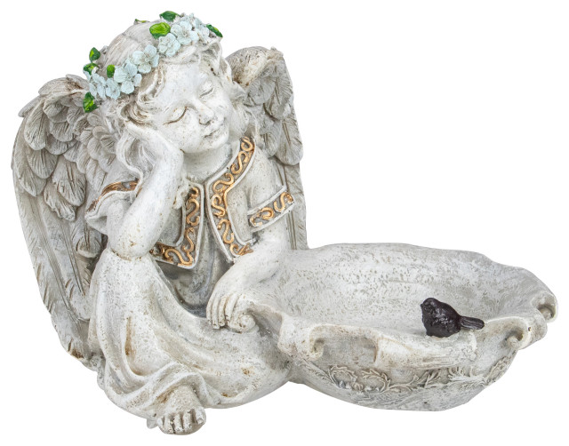 12" Gray Sitting Angel Bird Feeder Outdoor Garden Statue Contemporary