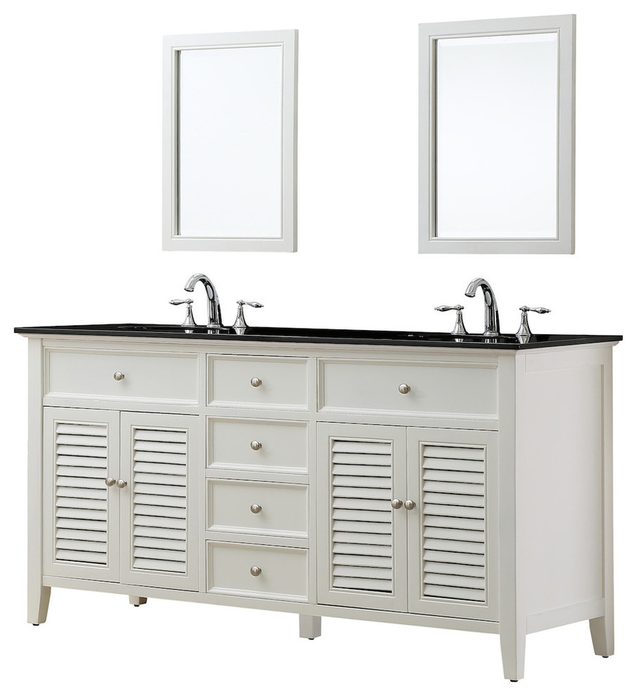 Shutter 70" White Vanity, Black Granite Top Transitional Bathroom