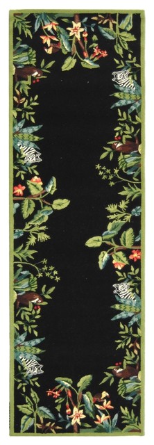 Country & Floral Chelsea Area Rug, Black - Green, Hallway Runner 2'6"x10'