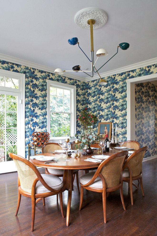 Inspiration for a transitional separate dining room in Los Angeles with multi-coloured walls and dark hardwood floors.