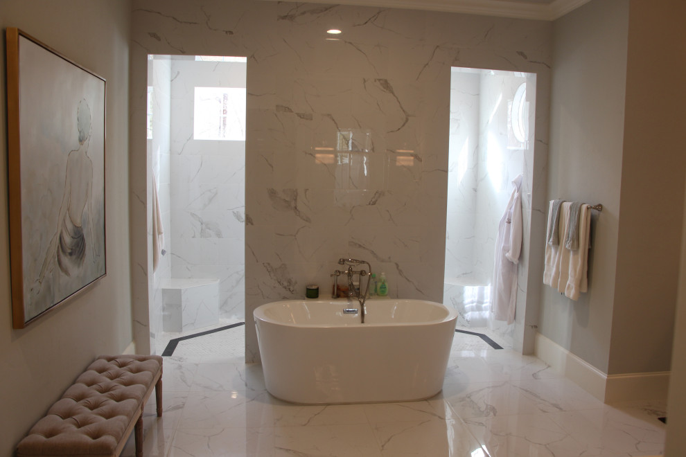 Inspiration for a large ensuite bathroom in Houston with white cabinets, a freestanding bath, a double shower, grey tiles, marble tiles, grey walls, marble flooring, marble worktops, multi-coloured floors, an open shower, white worktops, double sinks and a built in vanity unit.