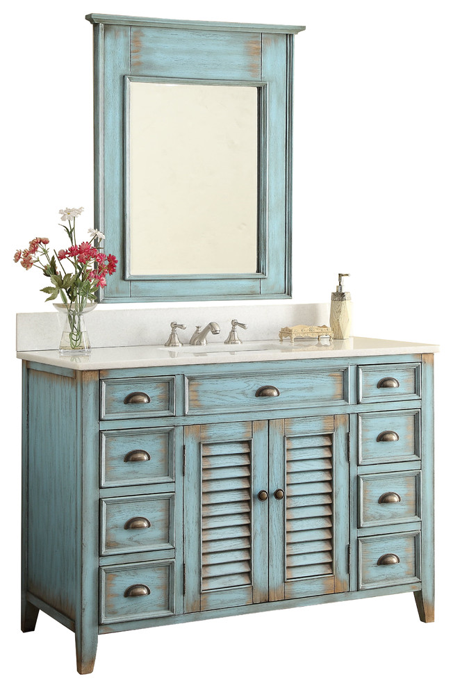 47" Benton Distressed Blue Abbeville Vanity, With Mirror Farmhouse Bathroom Vanities And