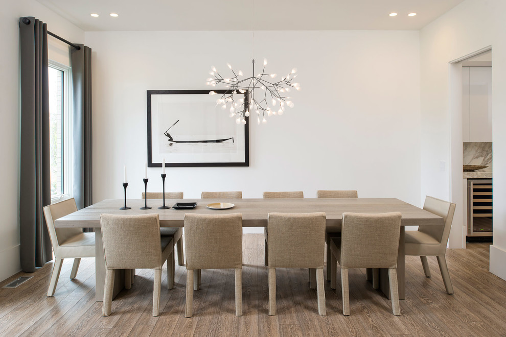 Photo of a mid-sized scandinavian dining room in DC Metro with white walls and light hardwood floors.