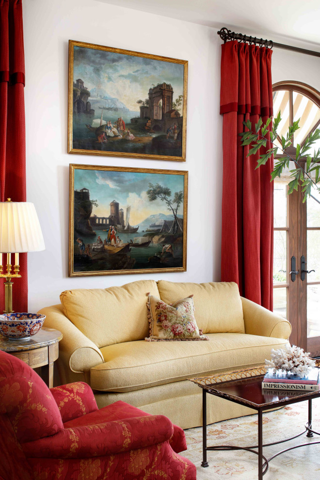 Inspiration for a large mediterranean living room in San Francisco with white walls.