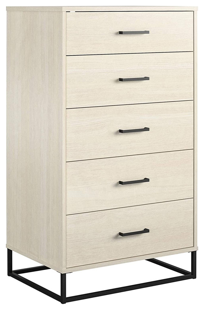 Contemporary Tall Dresser, Particle Board With 5 Storage Drawers, Ivory