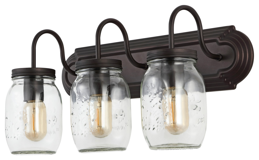 Gaines 19.3" 3-Light Farmhouse Mason Jar LED Vanity, Oil Rubbed Bronze/Clear