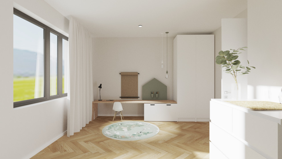 Свежая идея для дизайна: нейтральная детская среднего размера в скандинавском стиле с спальным местом, белыми стенами, полом из ламината и бежевым полом - отличное фото интерьера
