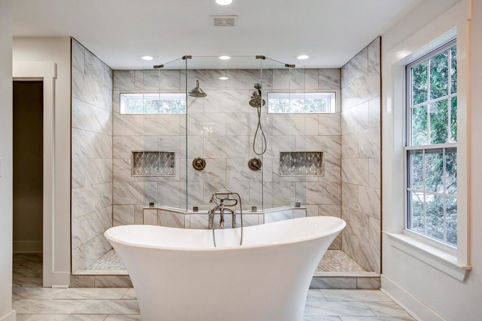 Design ideas for a mid-sized traditional master bathroom in Atlanta with furniture-like cabinets, grey cabinets, a freestanding tub, a two-piece toilet, white walls, dark hardwood floors, an undermount sink, engineered quartz benchtops, brown floor, white benchtops, an alcove shower, gray tile, white tile, marble and a hinged shower door.