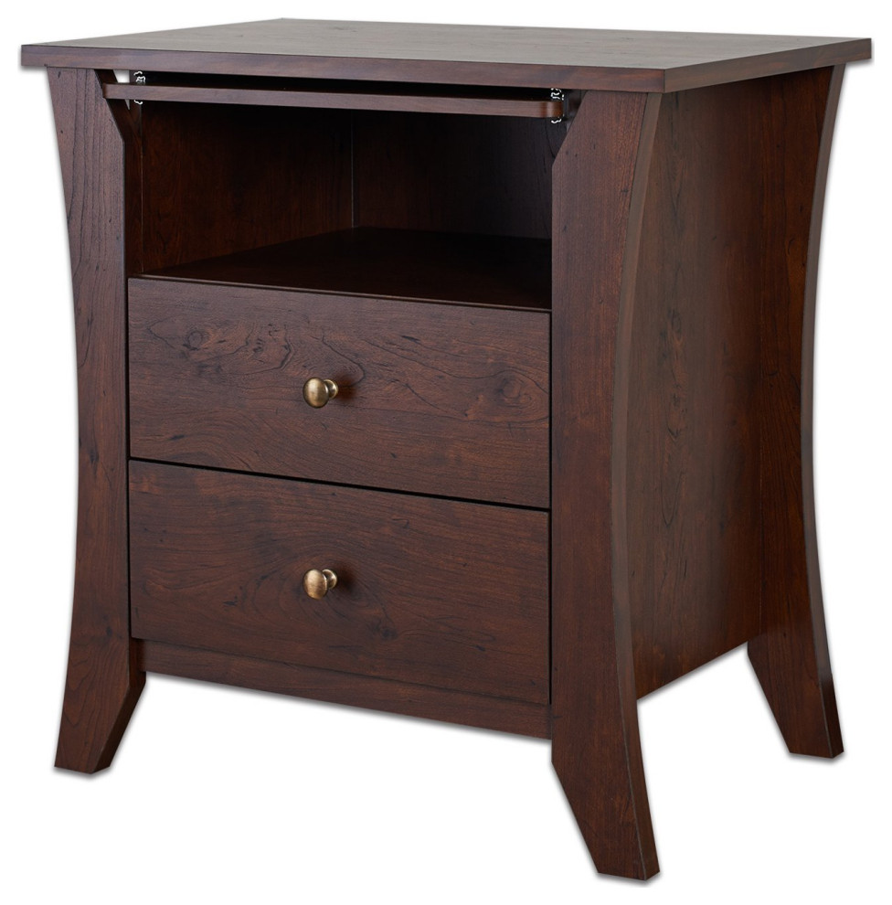 Modern Nightstand, Pull Out Slim Shelf & 2 Storage Drawers, Vintage