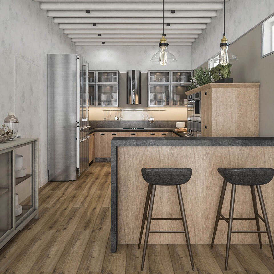 Гостиная и кухня в подземном гараже