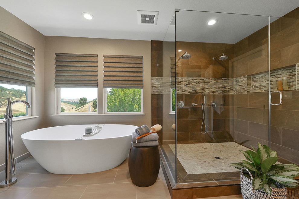 Inspiration for a contemporary master bathroom in San Francisco with flat-panel cabinets, dark wood cabinets, a freestanding tub, a corner shower, a one-piece toilet, beige tile, brown tile, multi-coloured tile, yellow tile, matchstick tile, brown walls, porcelain floors, an undermount sink and quartzite benchtops.