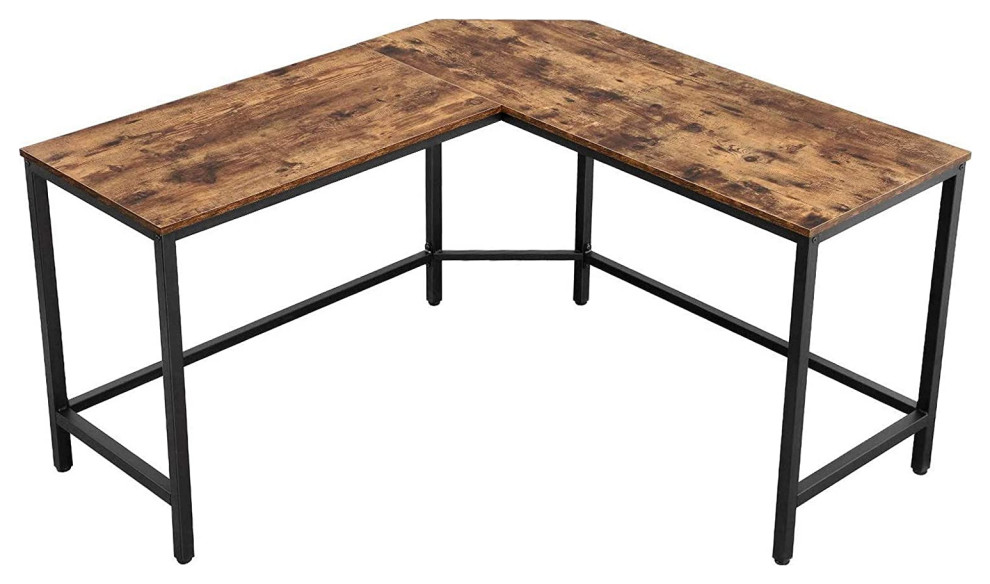 Rustic L Shaped Desk, Metal Frame and Wooden Top With Grain Details