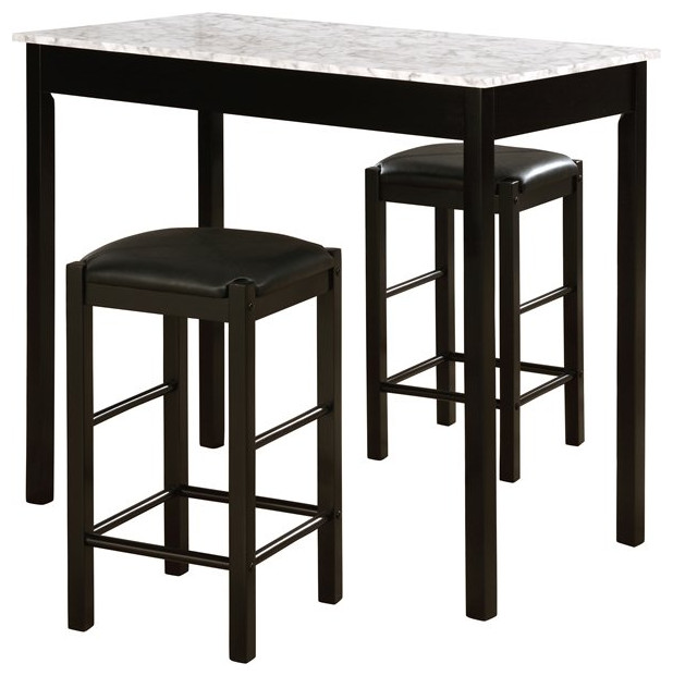 Linon Tifton 3 Piece Wood & Faux Marble Tavern Set Backless Stools in Black