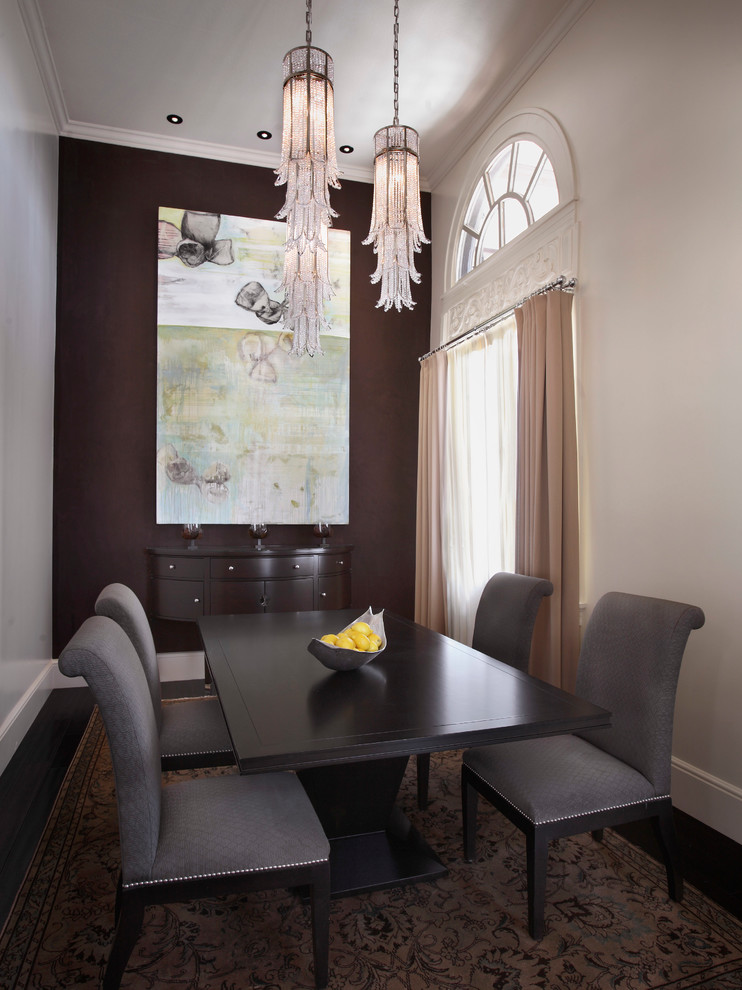 Design ideas for an expansive transitional dining room in San Diego with brown walls and dark hardwood floors.