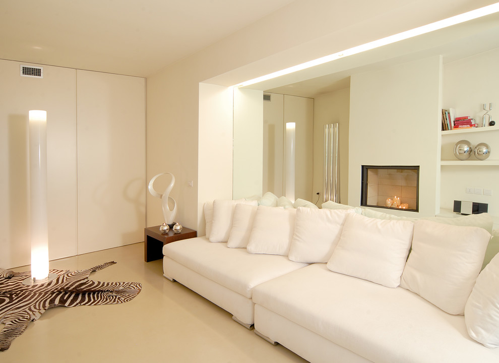 This is an example of a contemporary formal living room in Venice with white walls, porcelain floors, a ribbon fireplace and a plaster fireplace surround.