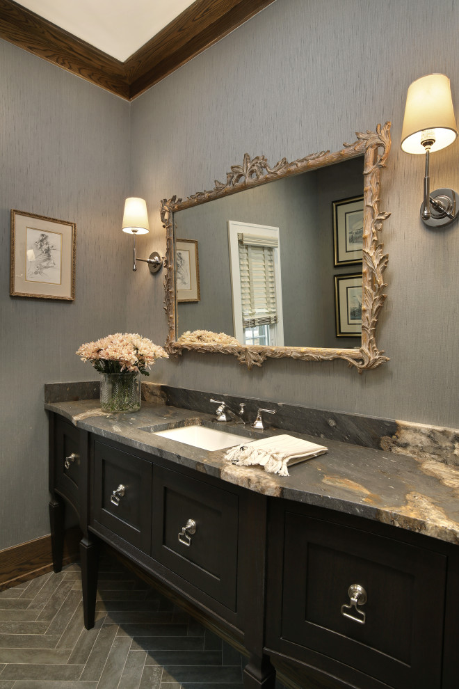 Inspiration for a large traditional cloakroom in Chicago with dark wood cabinets, ceramic flooring, a submerged sink and a freestanding vanity unit.
