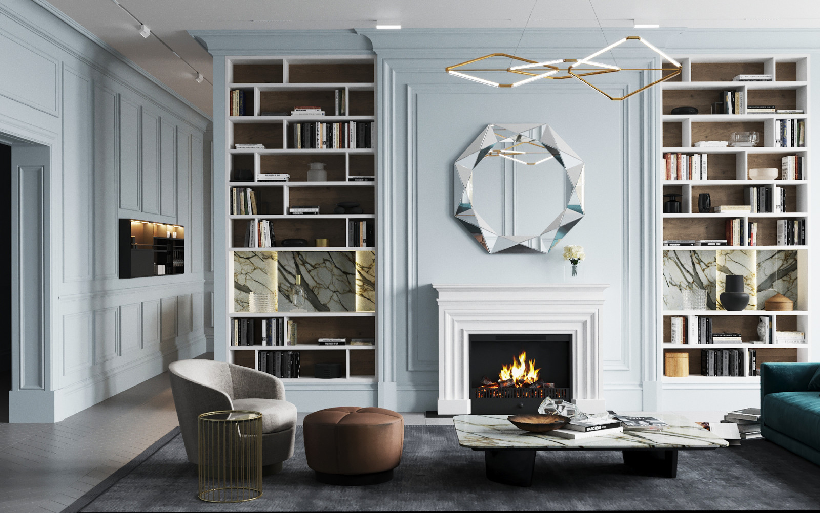 Интерьер зоны кухни-гостиной для загородного дома