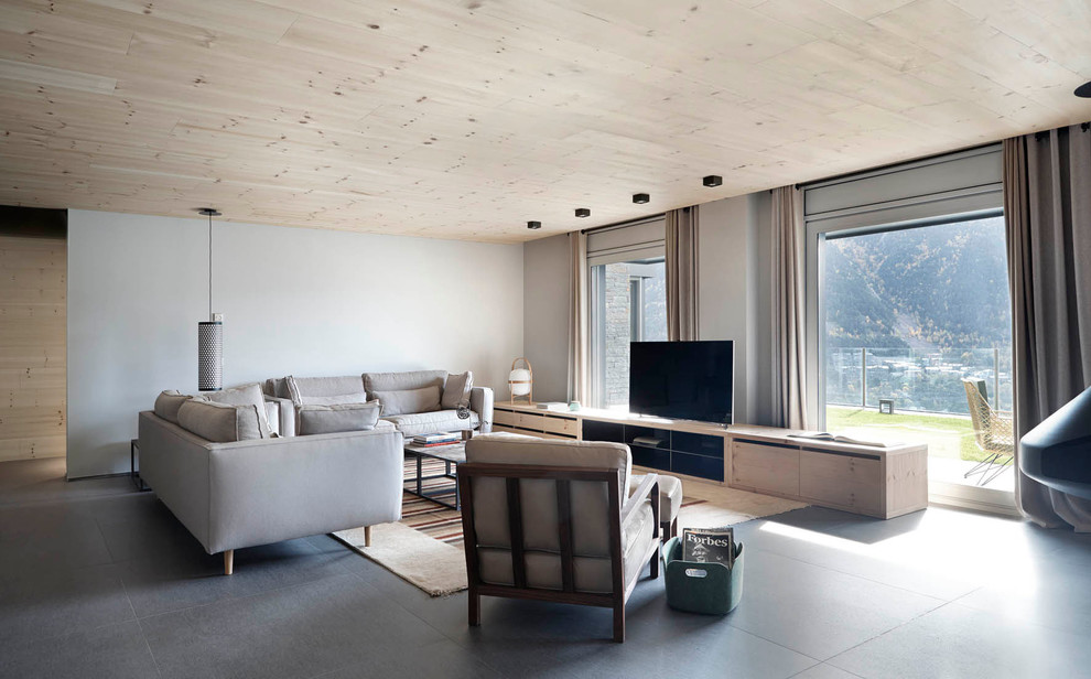 Example of a mid-sized danish formal and open concept ceramic tile living room design in Barcelona with no fireplace, a tv stand and gray walls