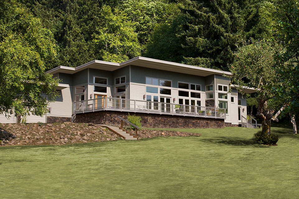 Large trendy gray one-story wood exterior home photo in Portland