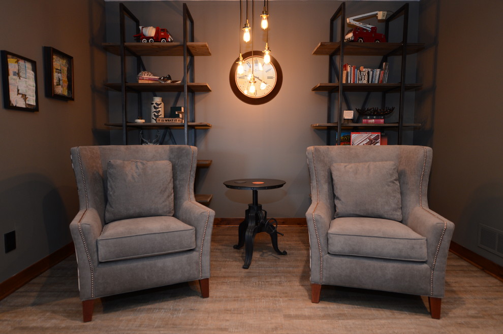 Basement - large transitional walk-out light wood floor basement idea with gray walls and a stone fireplace